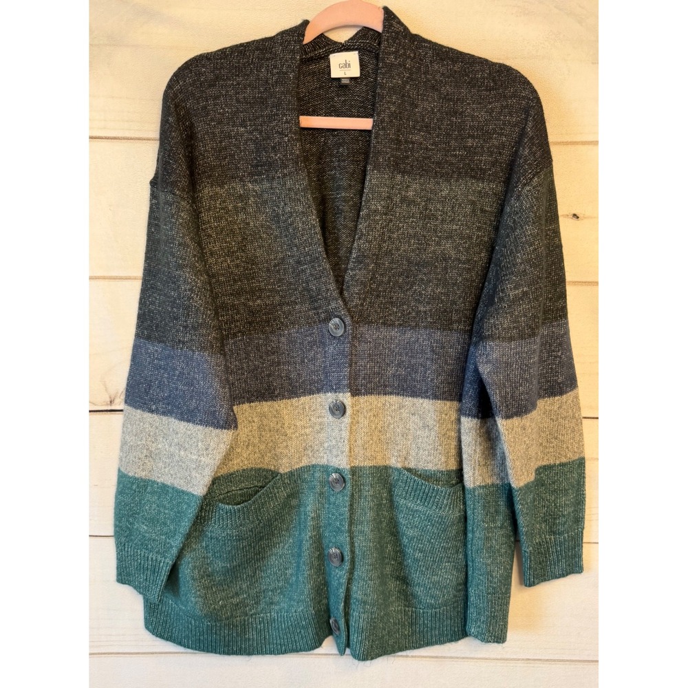 Cabi Horizon Cardigan 4414 Women Large Colorblock Stripe Button Front Sweater